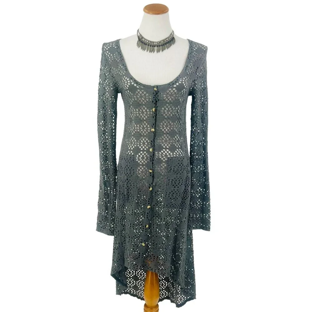 Vintage Free People Beach Gray Crochet Button Front Maxi Cardigan - Picture 15 of 16